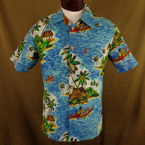 Vintage Blue Aloha Ocean Islander Hawaiian Shirt